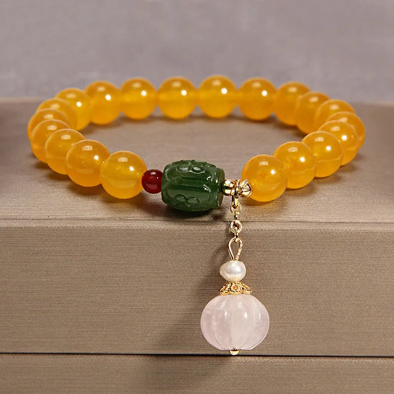 Khaki yellow agate crystal bracelet with gold silk threading and Japanese South Korean style design