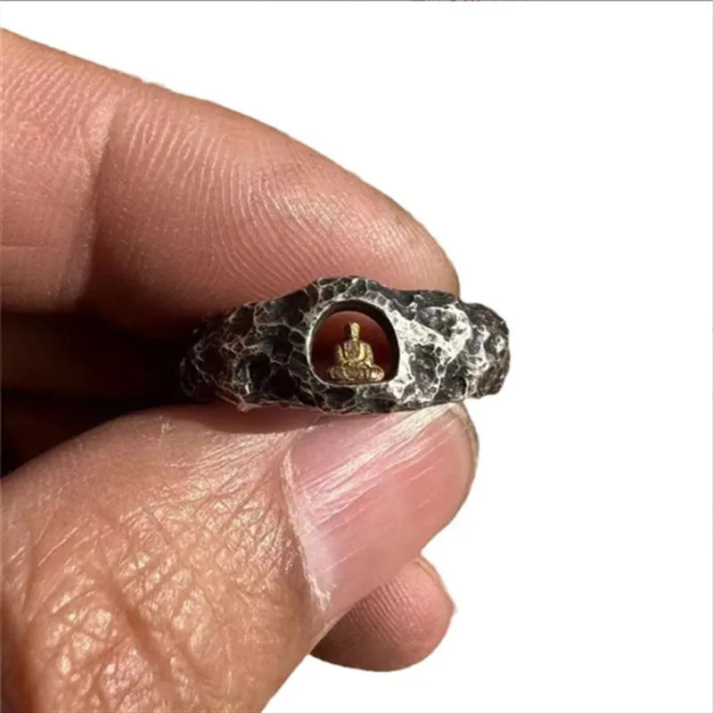 Hand-forged copper grotto Buddha ring with rock texture surface in size 8 measurement