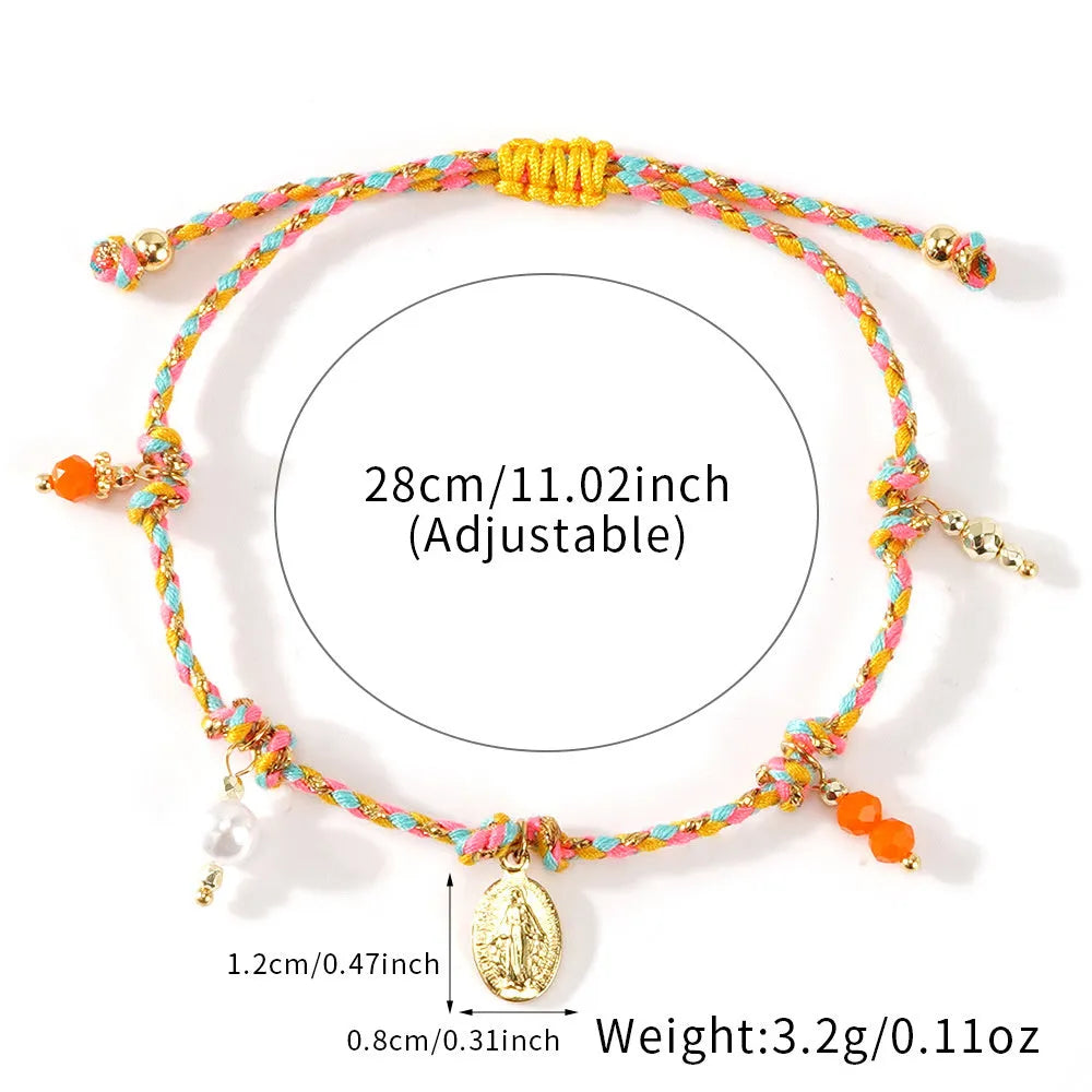 Women's colourful woven bracelet with braided rope material and adjustable carrying strap design in ethnic style