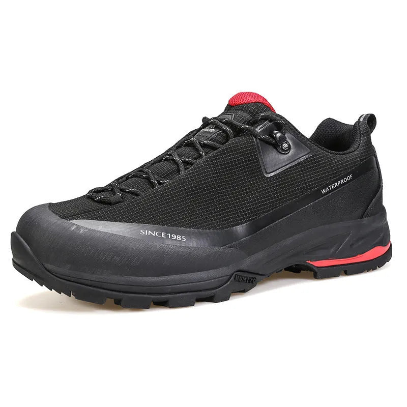 Men's low-top hiking boots in black with leather mesh upper and rubber outsole on a rocky path.