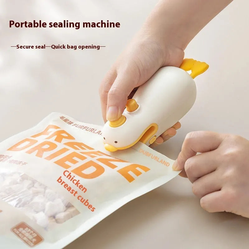 Small yellow rechargeable plastic bag sealing machine with animal jacquard pattern and USB charging cable