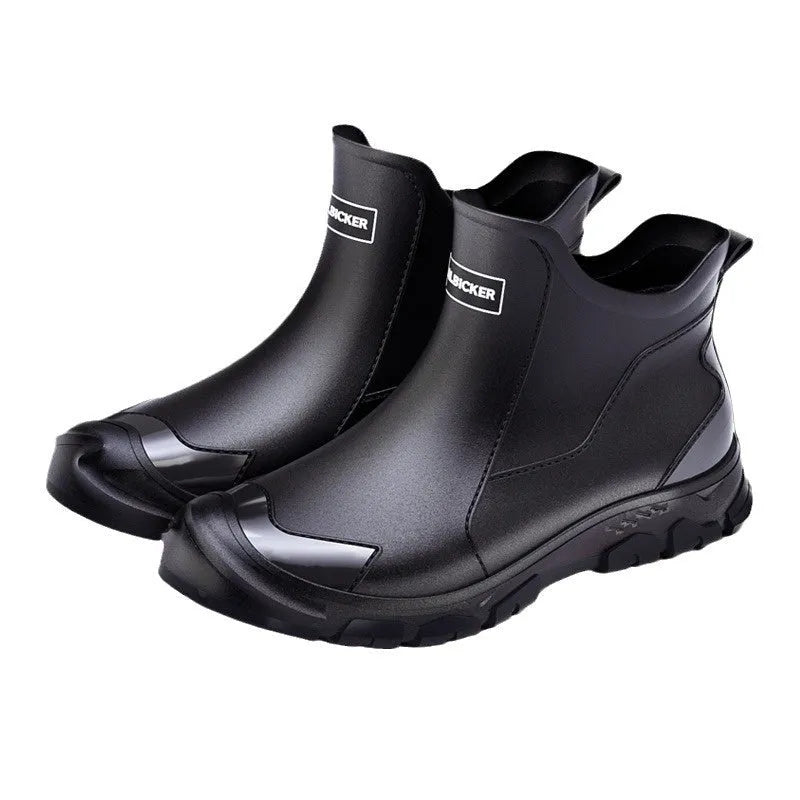 Short tube PVC wading shoe with round toe and non-slip plastic sole on a wet surface.