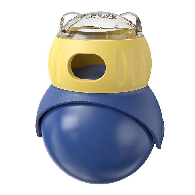 Owl-shaped plastic cat feeder toy in Morandi yellow and blue colours with tumbler mechanism