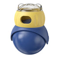 Owl-shaped plastic cat feeder toy in Morandi yellow and blue colours with tumbler mechanism
