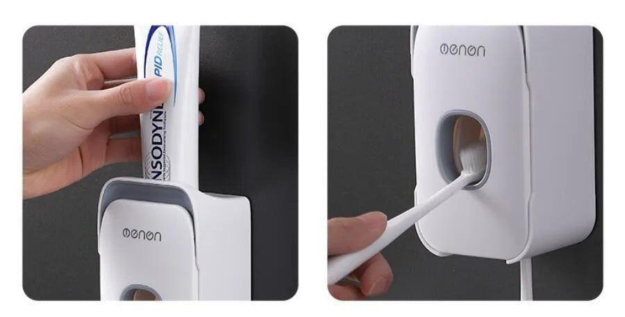 Automatic toothpaste dispenser unit mounted on a bathroom wall in blue colour.