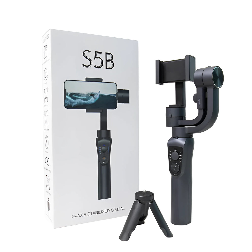 Black three-axis handheld gimbal stabilizer for mobile phones with extended battery and tripod