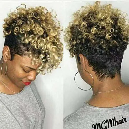 Short synthetic wig on a mannequin head showing simple rolls hairstyle in a dark colour.