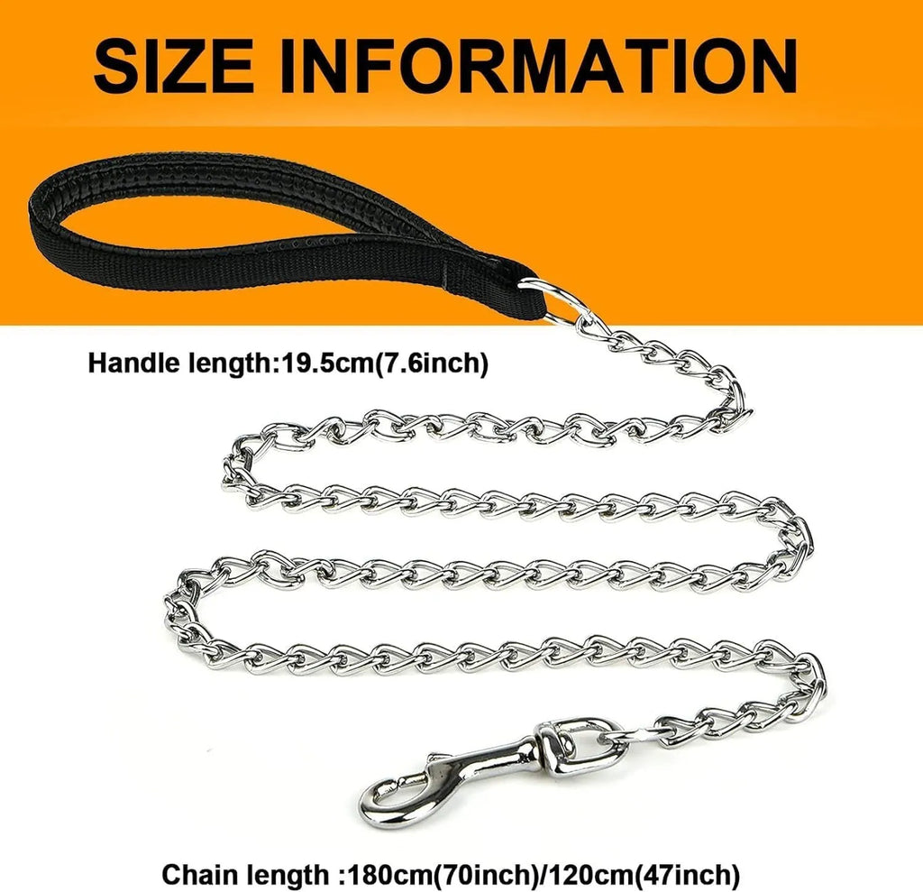 Heavy duty metal dog chain leash with soft black padded handle, shown with a red colour option.