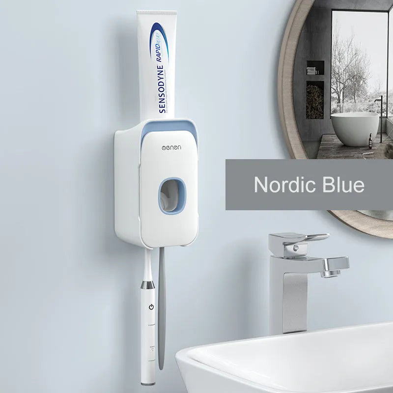 Automatic toothpaste dispenser unit mounted on a bathroom wall in blue colour.
