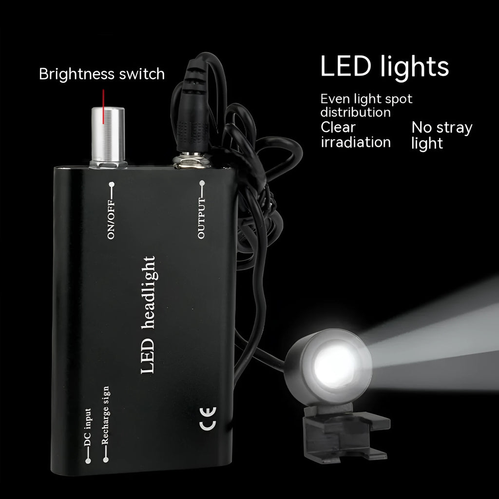 Black head-mounted dental magnifier with LED light showing dual magnification options and portable design