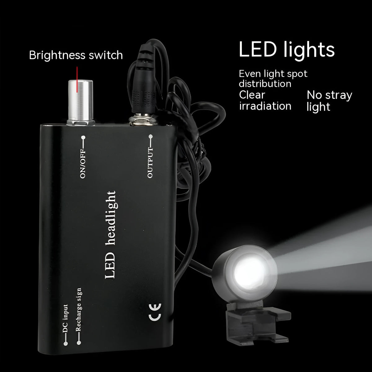 Black head-mounted dental magnifier with LED light showing dual magnification options and portable design