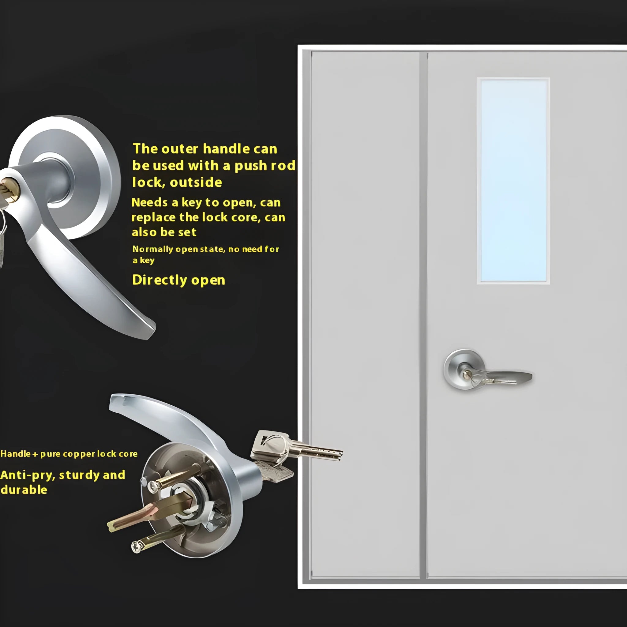 Stainless steel fireproof door push lock with external handle for 65cm baked paint single doors