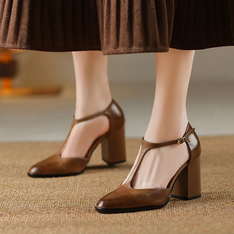 Retro pointed Mary Jane shoes with hollow design in dark brown and pink featuring cowhide upper and buckle strap