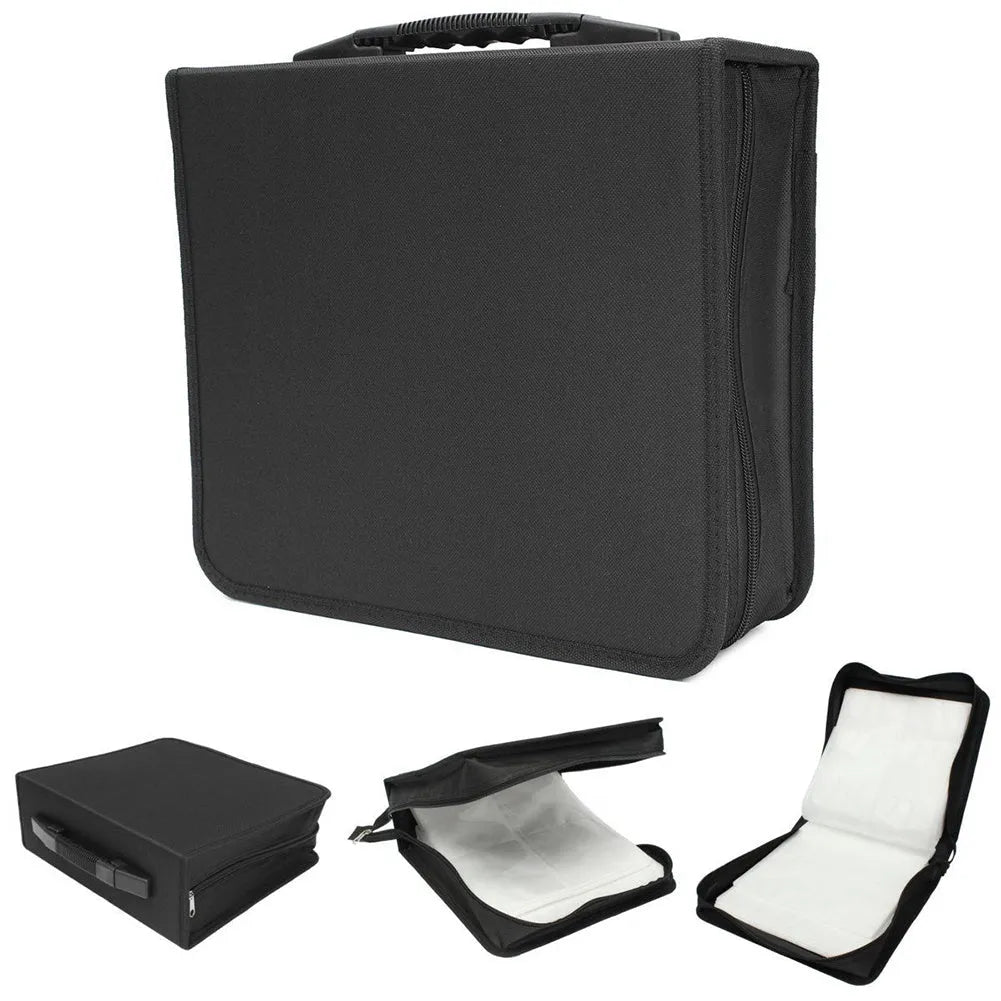 Black Oxford fabric CD storage organiser case with a zipper and top hand strap.