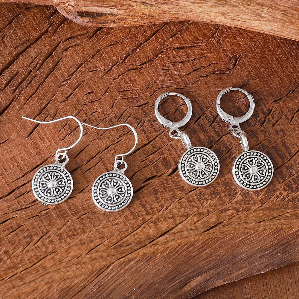 Bohemian retro round print earrings with distressed ethnic design and geometric shape in electroplated zinc alloy