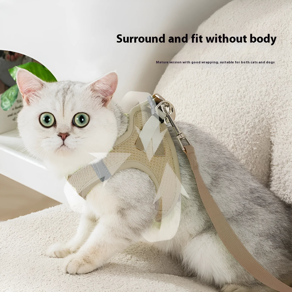 Brown waffle cloth cat harness with chest strap design for secure pet control