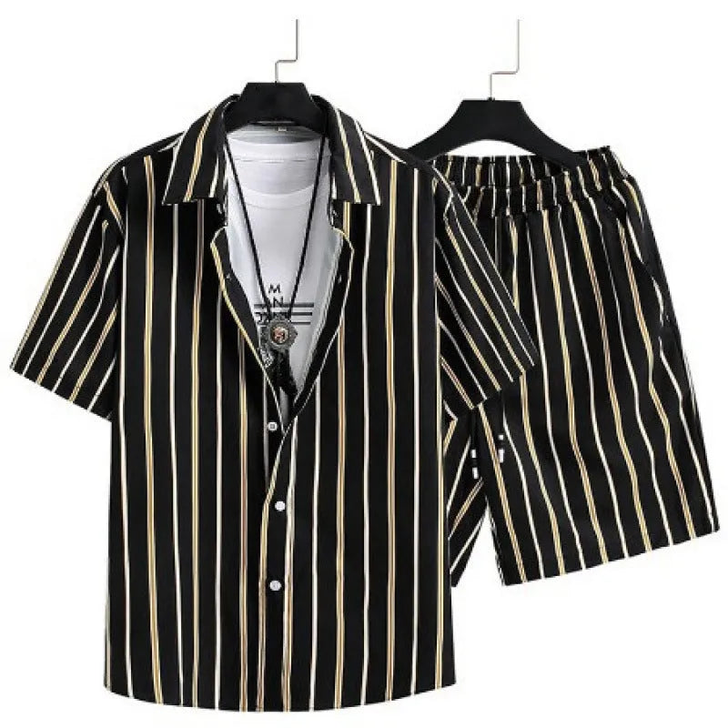 Men's casual suit set with short sleeve cardigan and matching printed shorts in polyester fabric