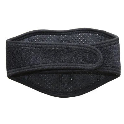 Black self-heating magnetic neck guard with adjustable shoulder strap on a mannequin neck.