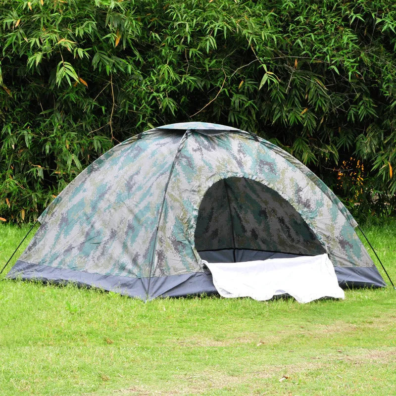 Double camouflage outdoor camping tent with triangular skylight and steel ground nails