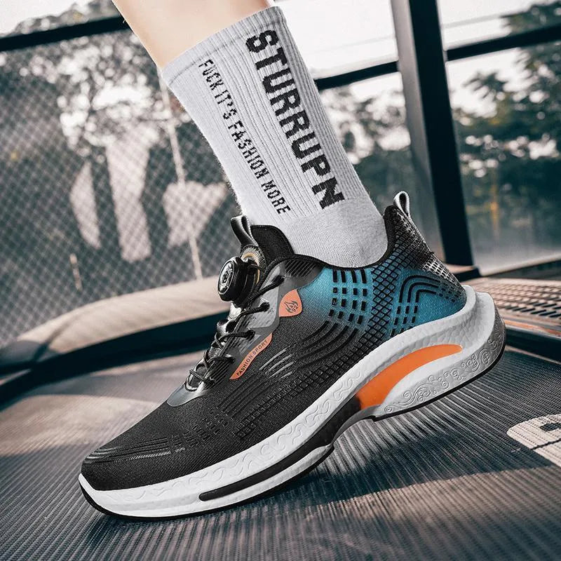 Men's low-top mesh sneaker with rotating buckle closure in black and blue colourway