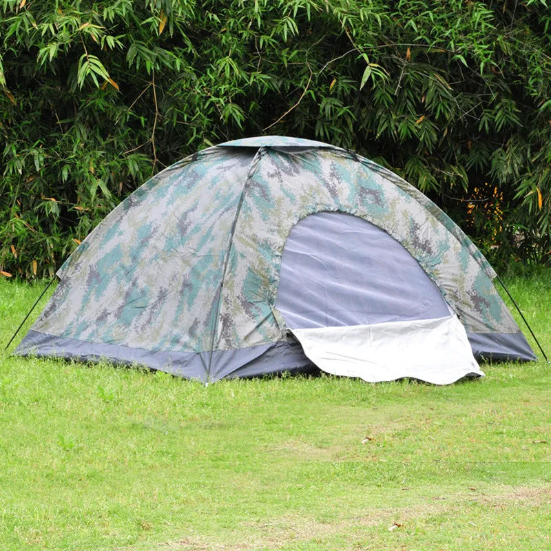 Double camouflage outdoor camping tent with triangular skylight and steel ground nails