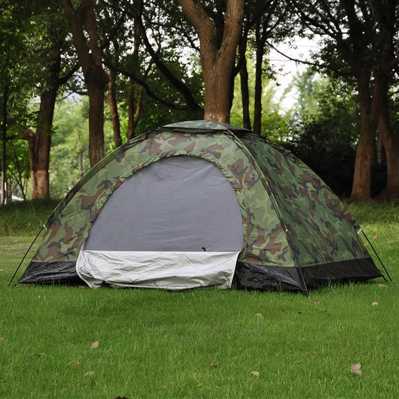 Double camouflage outdoor camping tent with triangular skylight and steel ground nails