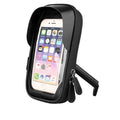 Black waterproof mobile phone stand mounted on bicycle handlebar showing TPU touch screen and laminated zipper