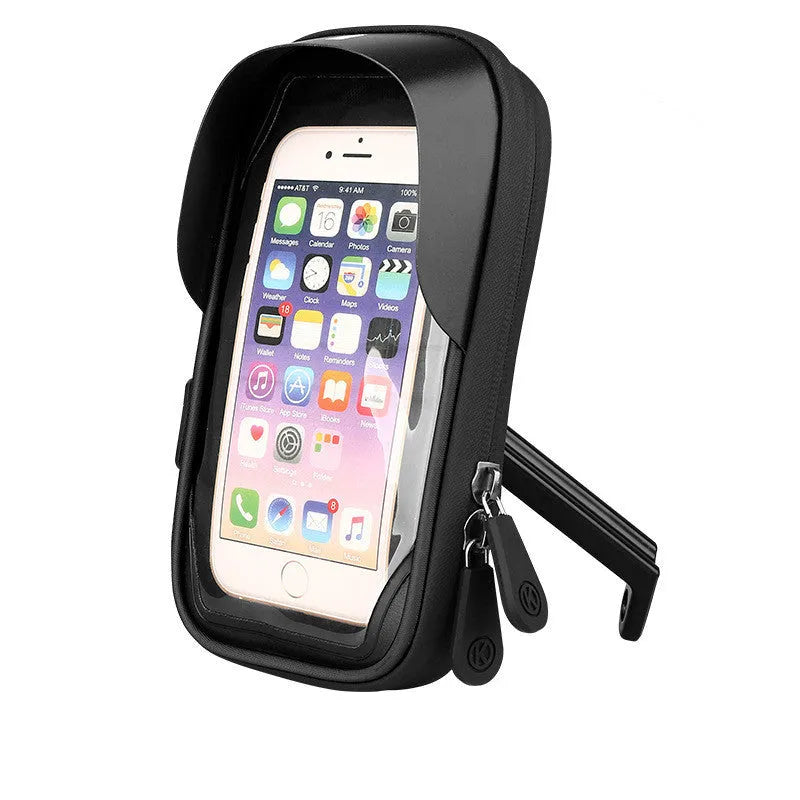 Black waterproof mobile phone stand mounted on bicycle handlebar showing TPU touch screen and laminated zipper