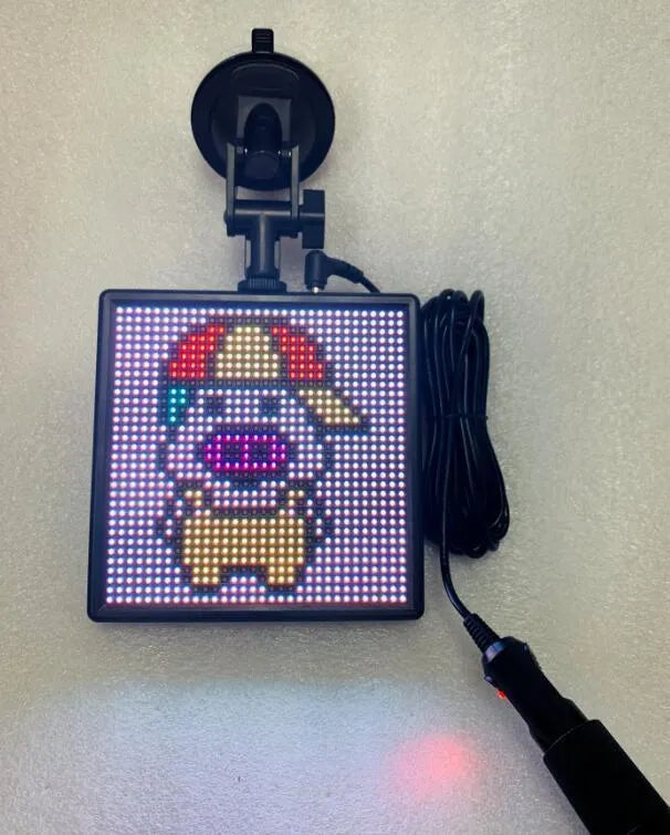 Aluminium-framed Bluetooth wireless car LED display screen showing a full-colour graphic.