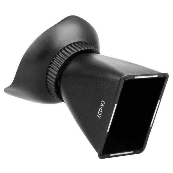Black camera framing amplifier with magnetic mount attached to a DSLR, magnifying the rear LCD screen.