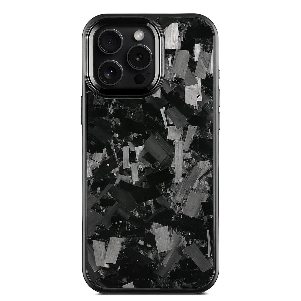 Black frame blue gold metal and carbon fibre magnetic protective case for iPhone 17 models on a table.
