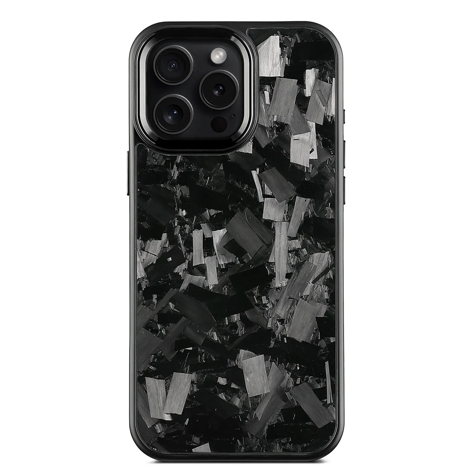 Black frame blue gold metal and carbon fibre magnetic protective case for iPhone 17 models on a table.