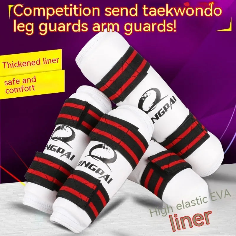 Taekwondo protective gear set showing arm guards, elbow protection and legguards in adjustable sizes