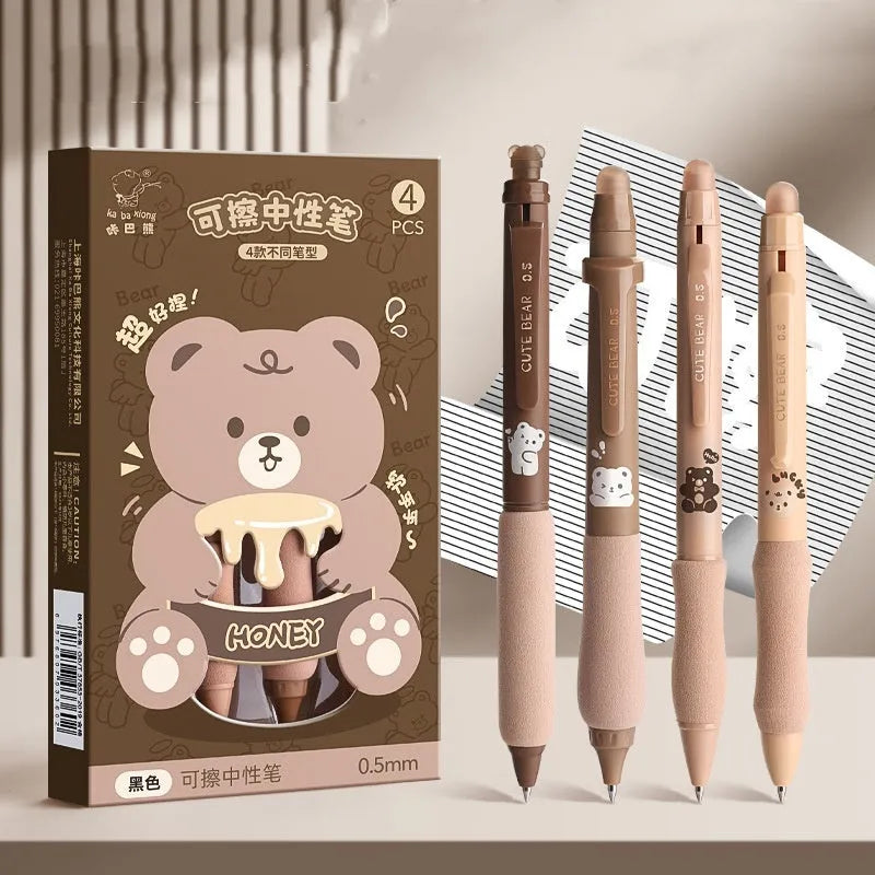 Erasable gel pen with 0.5mm tip, press mechanism and cartoon character designs