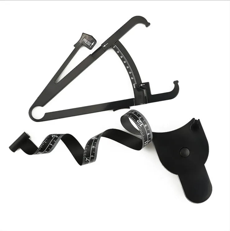 Black ABS plastic body fat caliper with measurement scale and a retractable measuring tape.