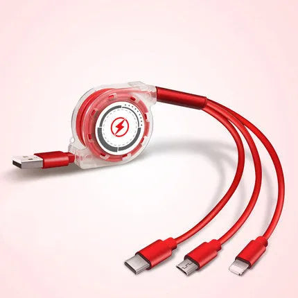 3 in 1 telescopic charging cable with 120 cm TPE cable and titanium alloy connectors in multiple colours