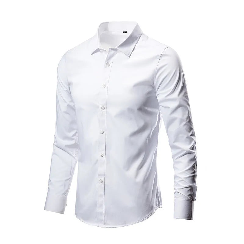 Men's slim-fit long-sleeve linen shirt on a hanger, shown in a light grey colour.