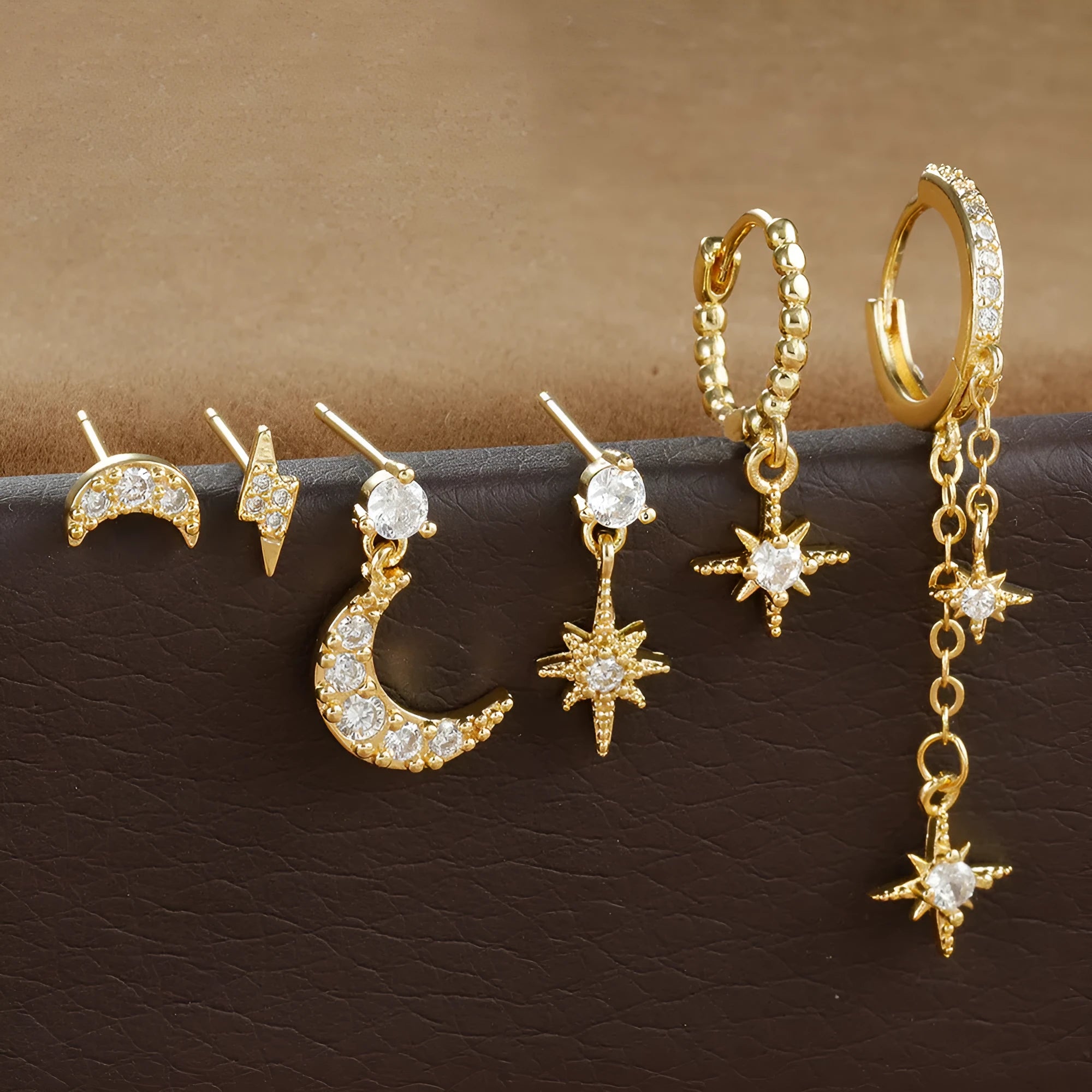 Gold chain tassel earrings with zircon stud details, six-piece set for women