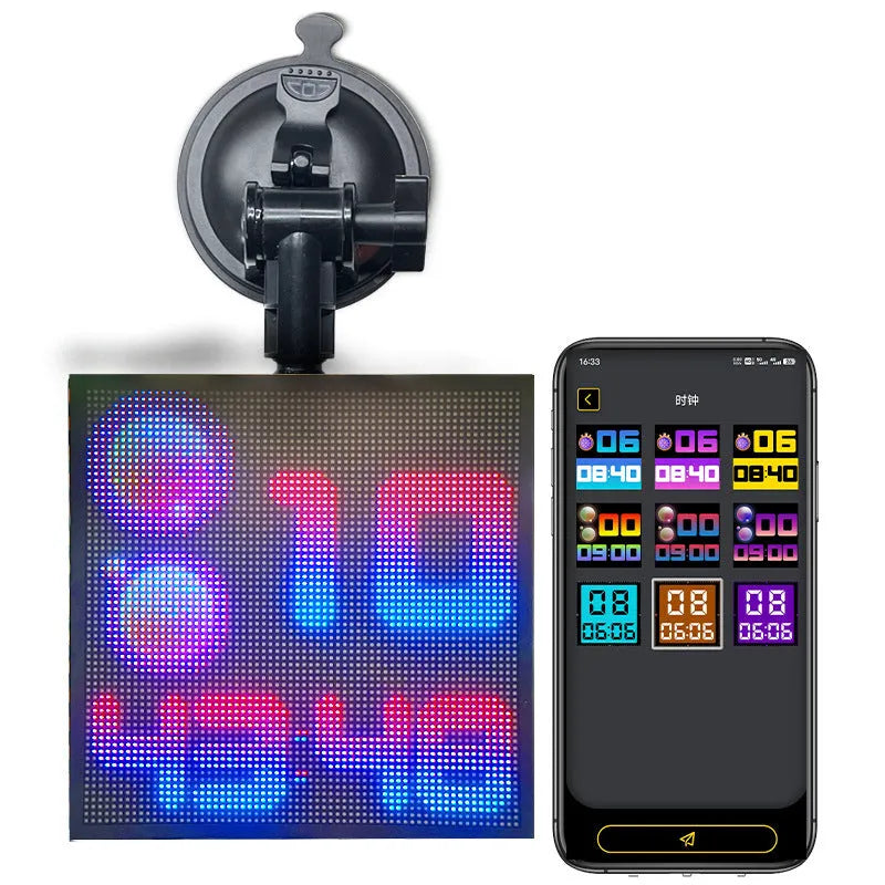 Aluminium-framed Bluetooth wireless car LED display screen showing a full-colour graphic.