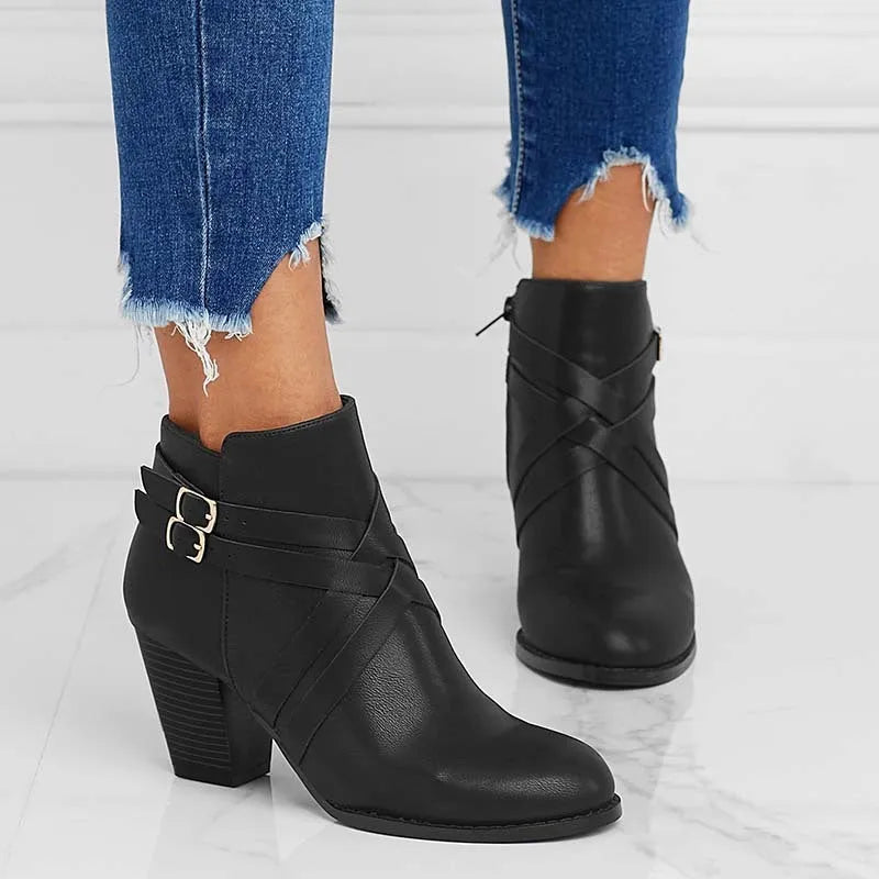Plus size short boots with a 7cm heel, side zipper, and belt buckle in grey.