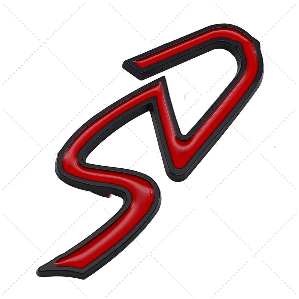 Metal car bumper sticker labels in SD, D and S patterns with red and silver or black colour options