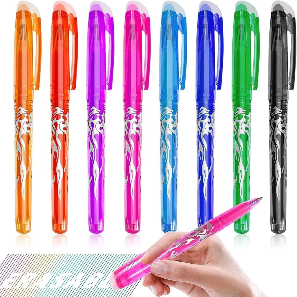 A set of heat-erasable gel pens with plastic barrels and stainless steel nibs, shown in multiple colours.
