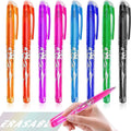 A set of heat-erasable gel pens with plastic barrels and stainless steel nibs, shown in multiple colours.