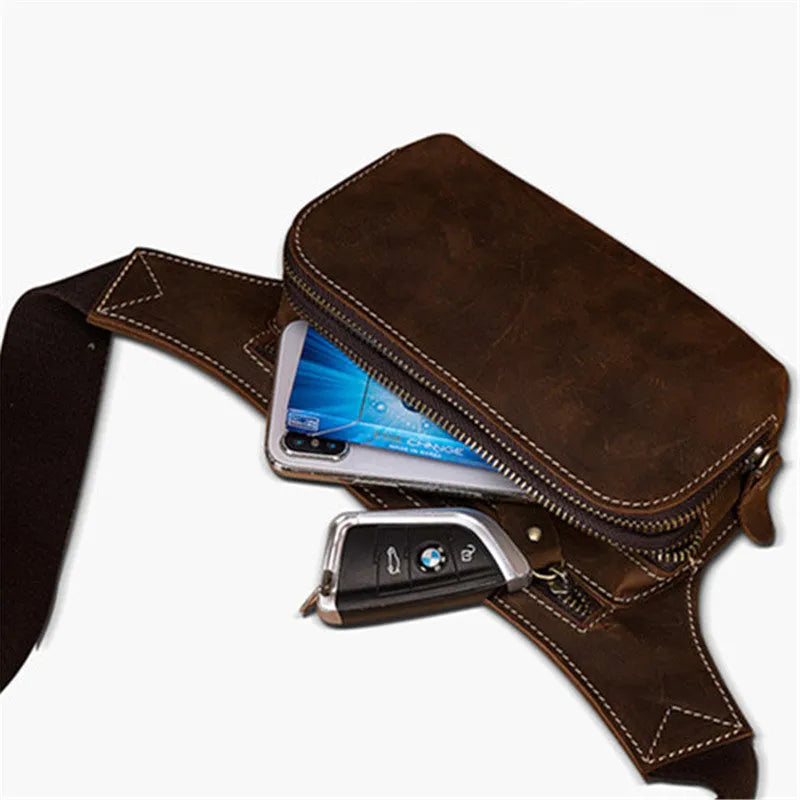 Brown cowhide leather men's sports waist bag with a zip closure.