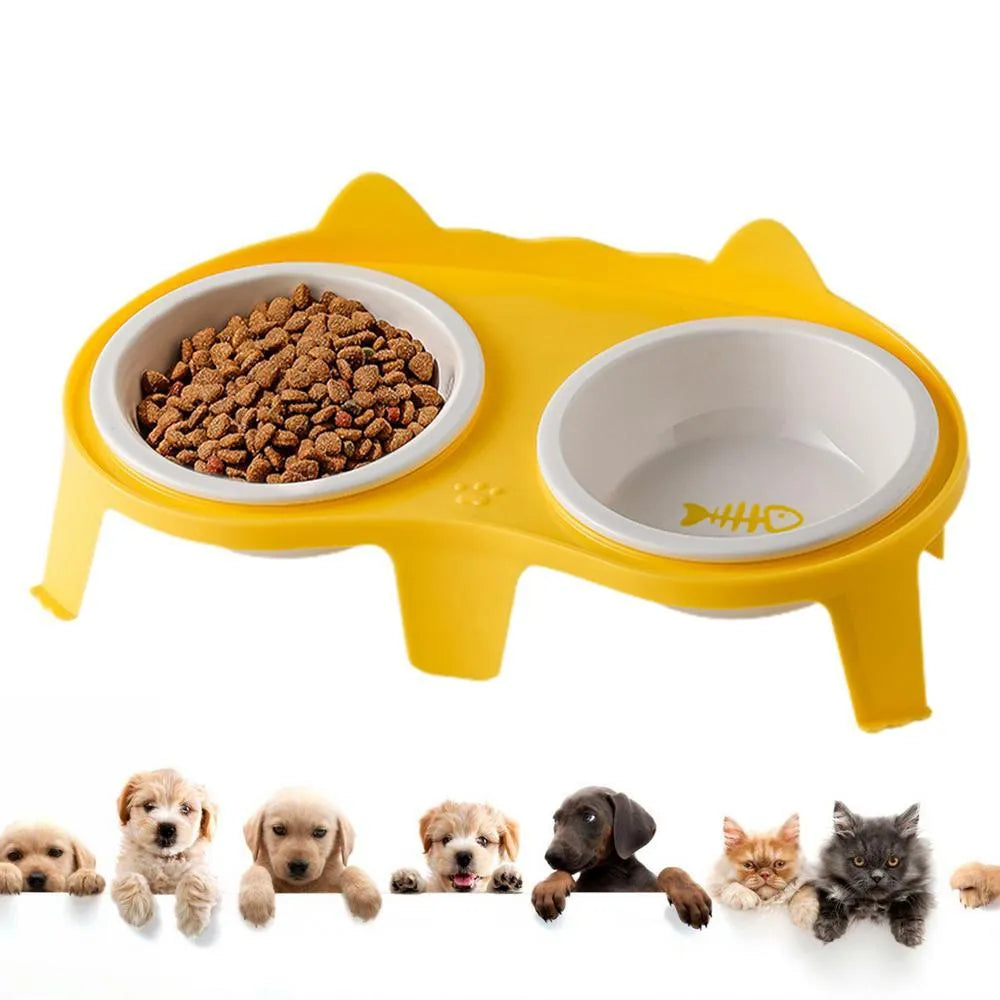 Ceramic cat food and water bowl set on elevated tilted stand with hook design