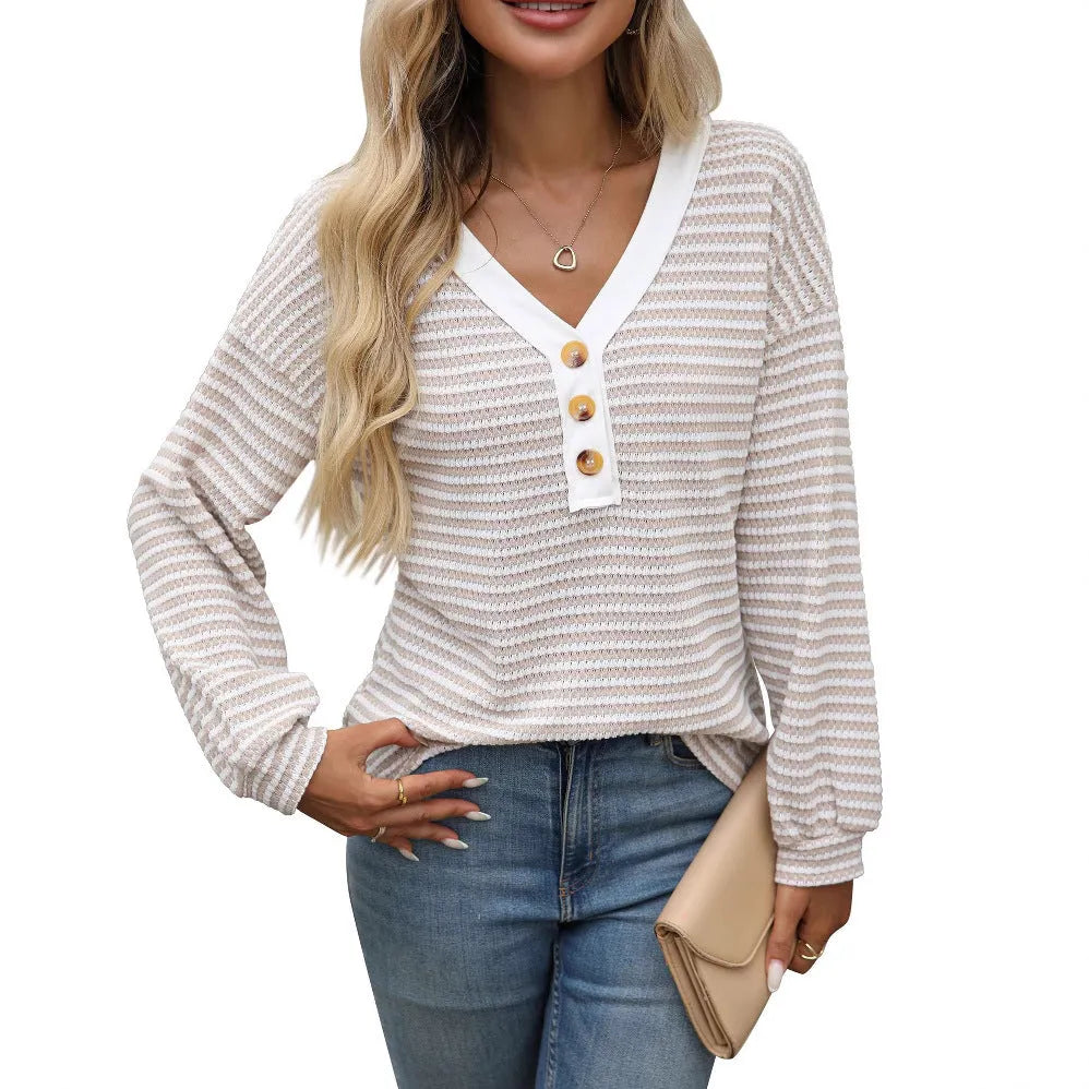 Women's V-neck patchwork pullover top with button detailing in loose casual fit