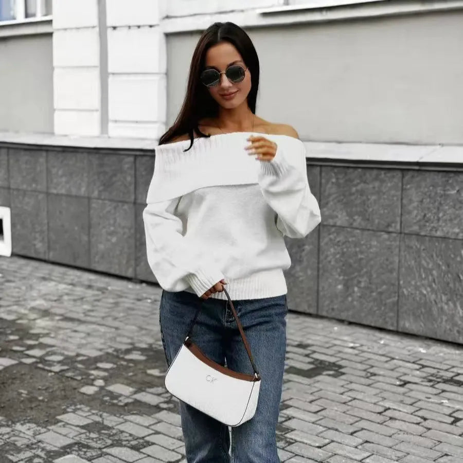 Grey off-the-shoulder sweater with 3D textured pattern and strapless design