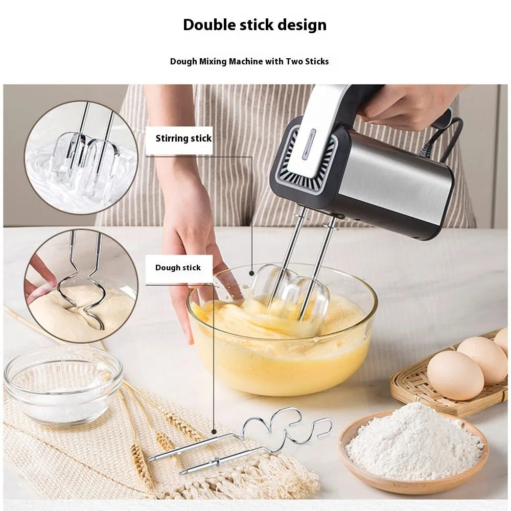 Silver handheld electric whisk with mixing attachments and five speed control dial