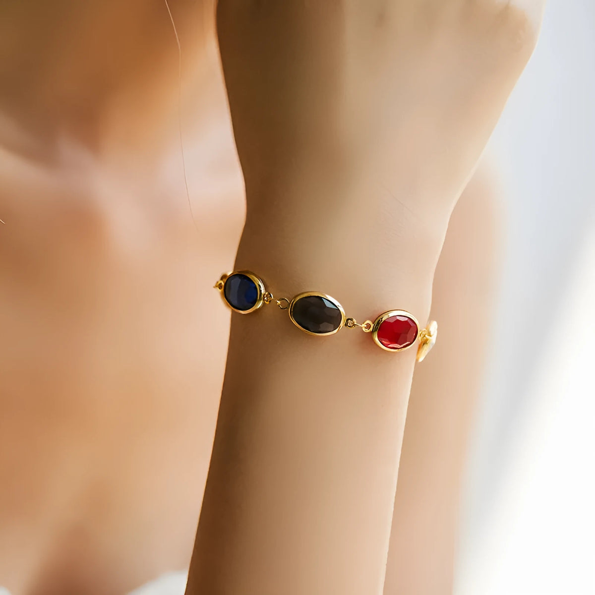 Geometric ellipse copper bracelet with glass inlay decoration in blue, green or multicolor options