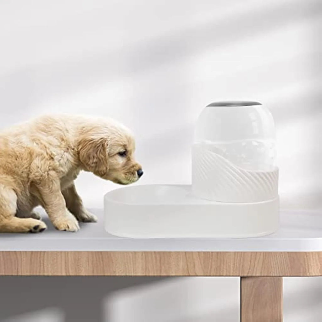 Pure white automatic cat feeder and water dispenser set with wave-shaped design.